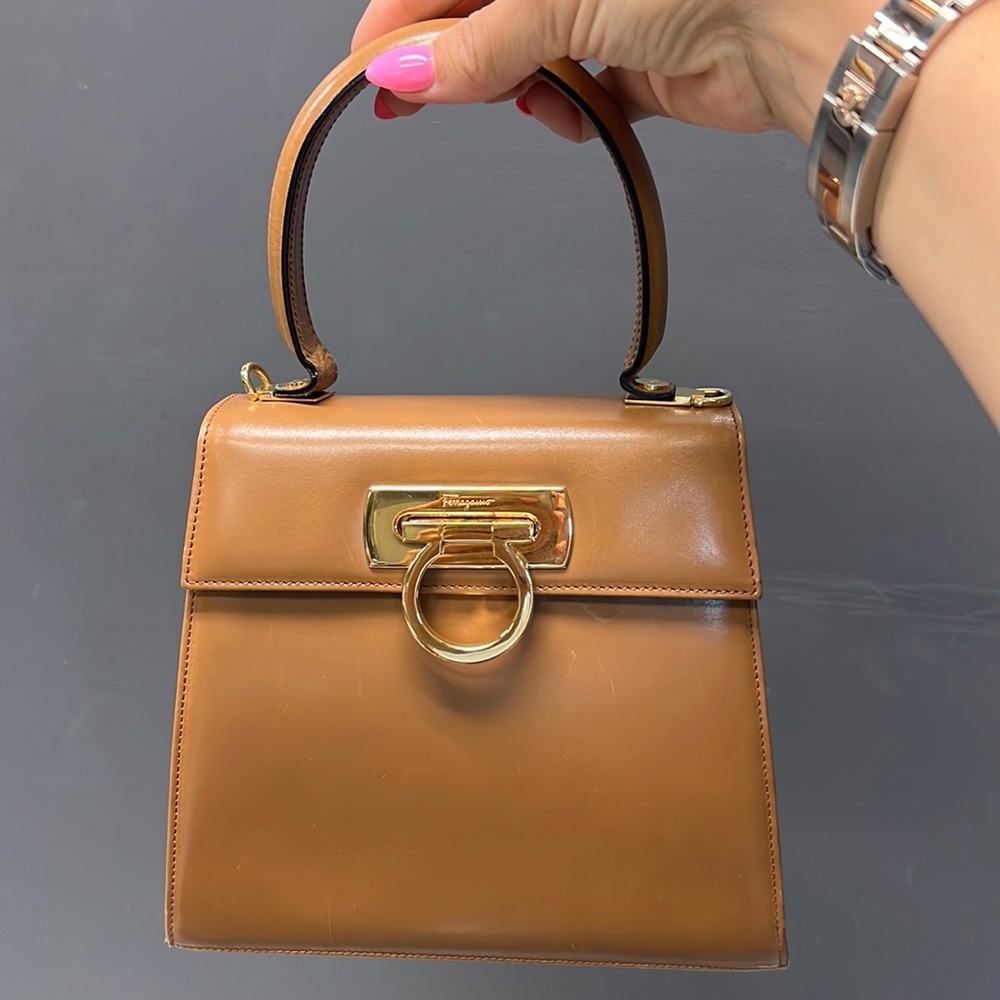 Vintage Salvatore Ferragamo Gancini Iconic Top Handle Kelly Bag Caramel Color
